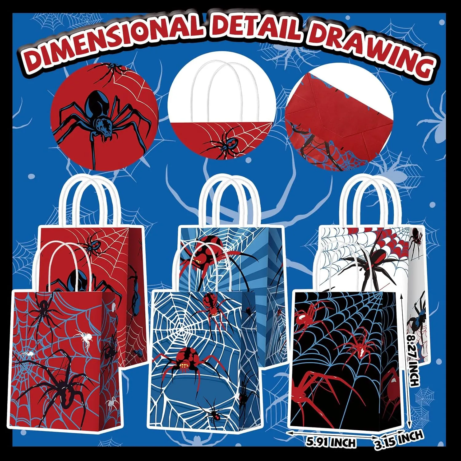 Epakh 24 Pcs Spider Party Favors Bags with Handles Spider Birthday Party Decorations Double Sided Goodie Candy Bags (Class Spider)