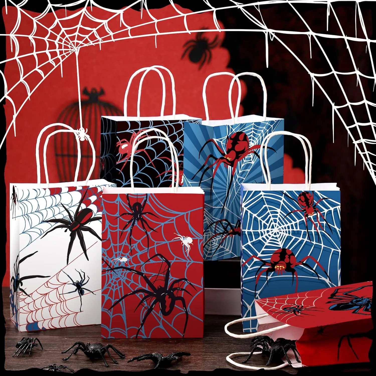 Epakh 24 Pcs Spider Party Favors Bags with Handles Spider Birthday Party Decorations Double Sided Goodie Candy Bags (Class Spider)