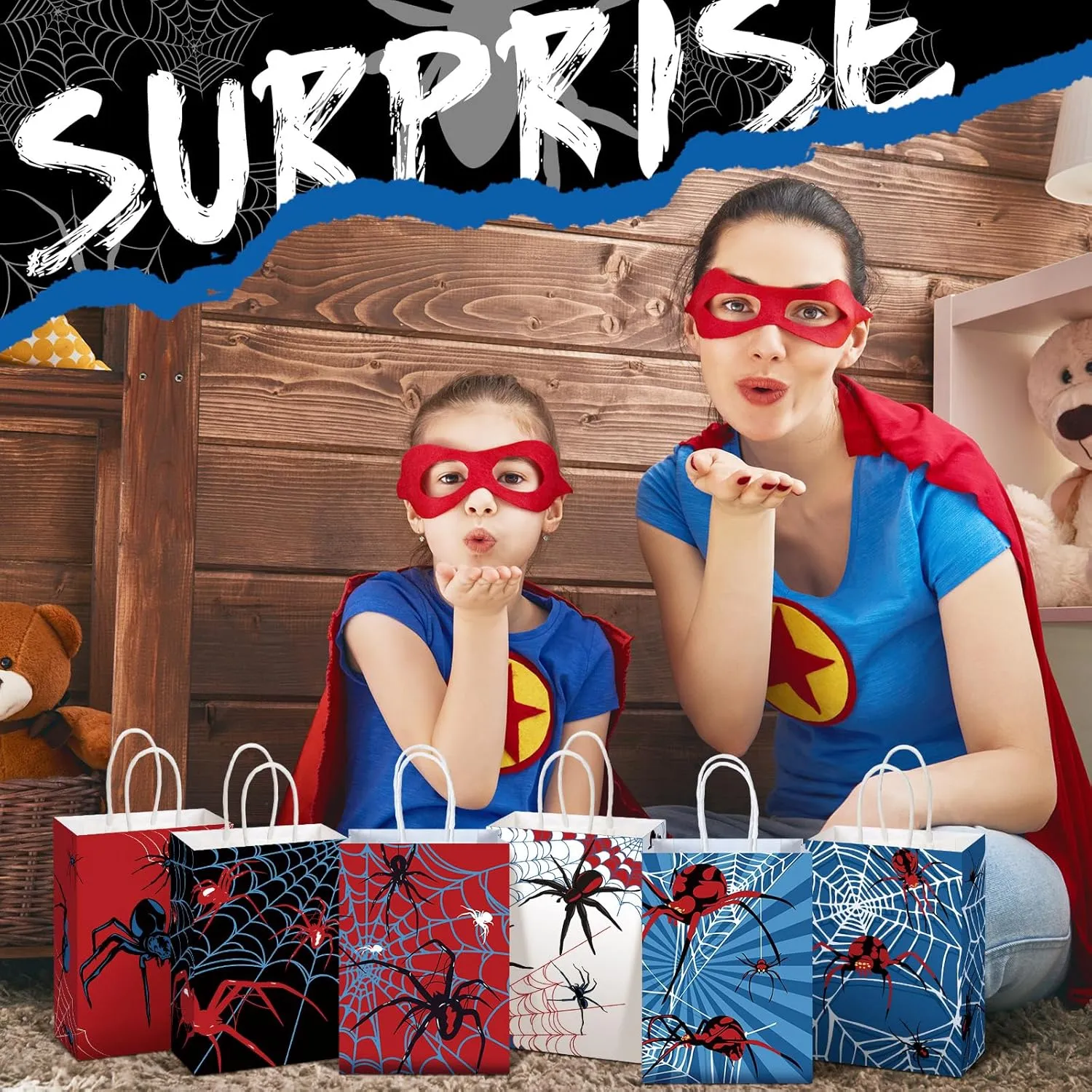 Epakh 24 Pcs Spider Party Favors Bags with Handles Spider Birthday Party Decorations Double Sided Goodie Candy Bags (Class Spider)