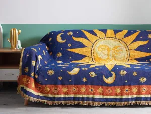 Erke 70"x90" Sun and Moon Blanket Celestial Couch Sheet Cover Witchy Hippy Home Decoration, Double Sided Cotton Woven Hippie Throws Wicca Blankets for Couch Bed Recliner Decor - Yellow/Blue