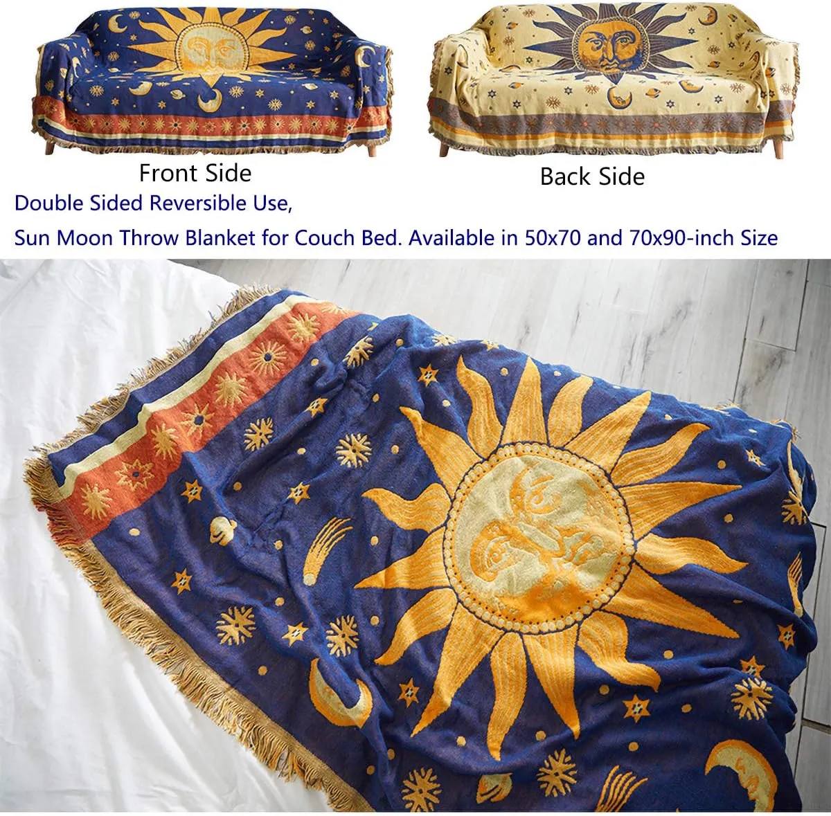 Erke 70"x90" Sun and Moon Blanket Celestial Couch Sheet Cover Witchy Hippy Home Decoration, Double Sided Cotton Woven Hippie Throws Wicca Blankets for Couch Bed Recliner Decor - Yellow/Blue