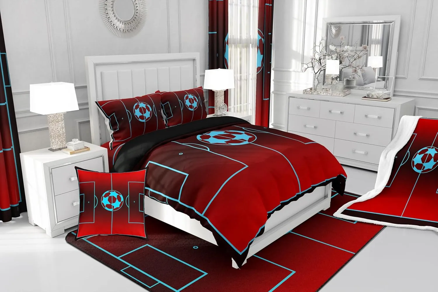 Erosebridal Football 100% Natural Cotton Comforter Cover Twin,American Football Field Duvet Cover,Soccer Sports Bedding Set for Kids Boys Teens,Soccer Player Fans Bed Set,Soft Warm Red Blue