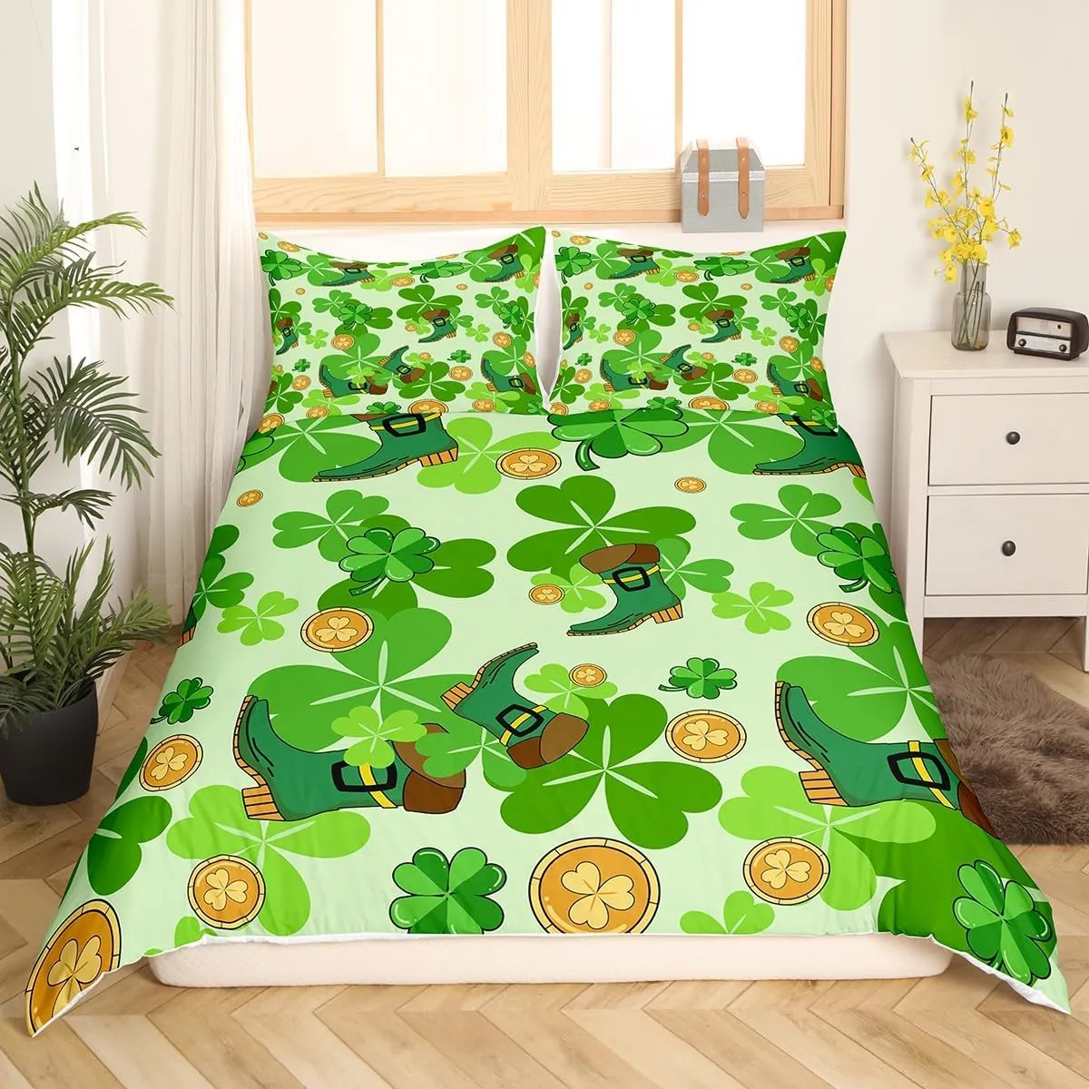 Erosebridal Happy St. Patrick's Day Duvet Cover Toddler Lucky Four Leaf Clover Design Bedding Set for Kids Boys Girls,Green Boots Comforter Cover Nature Botanical Bedding Collection