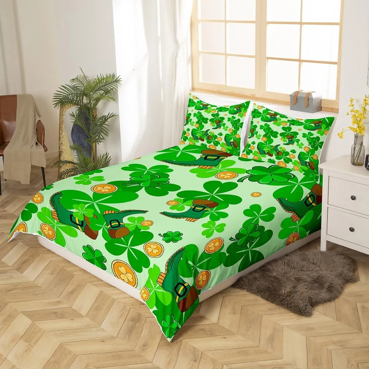 Erosebridal Happy St. Patrick's Day Duvet Cover Toddler Lucky Four Leaf Clover Design Bedding Set for Kids Boys Girls,Green Boots Comforter Cover Nature Botanical Bedding Collection