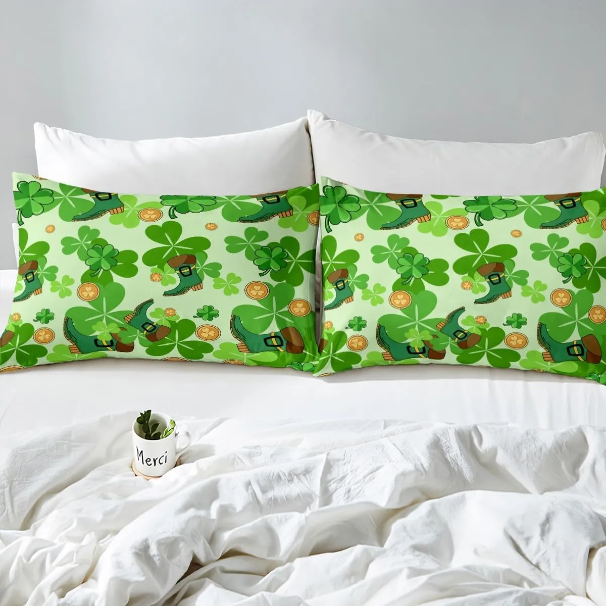 Erosebridal Happy St. Patrick's Day Duvet Cover Toddler Lucky Four Leaf Clover Design Bedding Set for Kids Boys Girls,Green Boots Comforter Cover Nature Botanical Bedding Collection