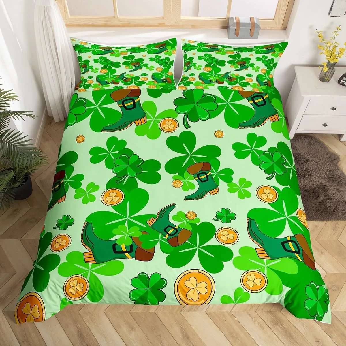 Erosebridal Happy St. Patrick's Day Duvet Cover Toddler Lucky Four Leaf Clover Design Bedding Set for Kids Boys Girls,Green Boots Comforter Cover Nature Botanical Bedding Collection