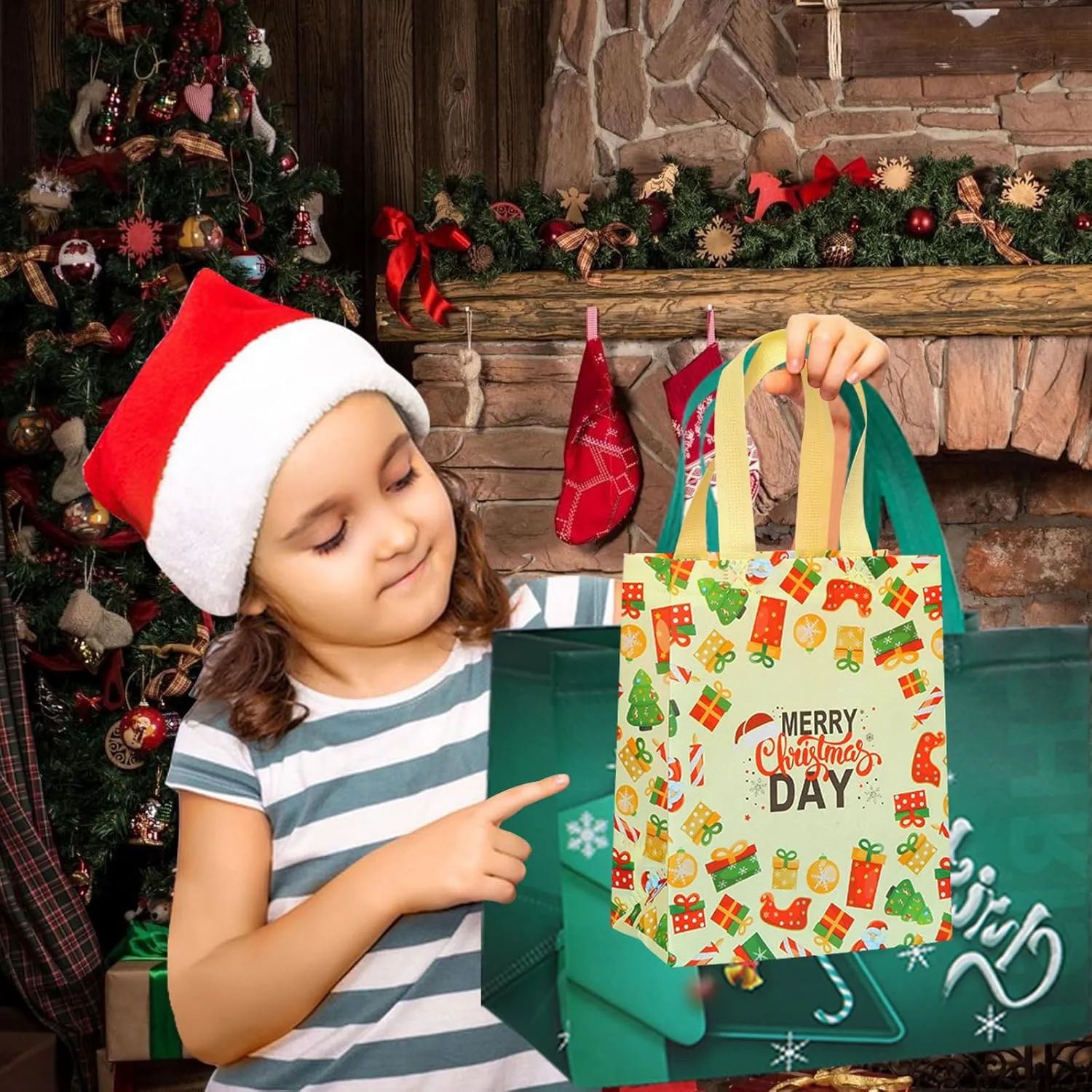euoloar 20 Pack Christmas Treat Gift Bags, Reusable Tote with Handle, Assorted Sizes Non-Woven for Gift Wrapping, Shopping, Xmas Party Supplies