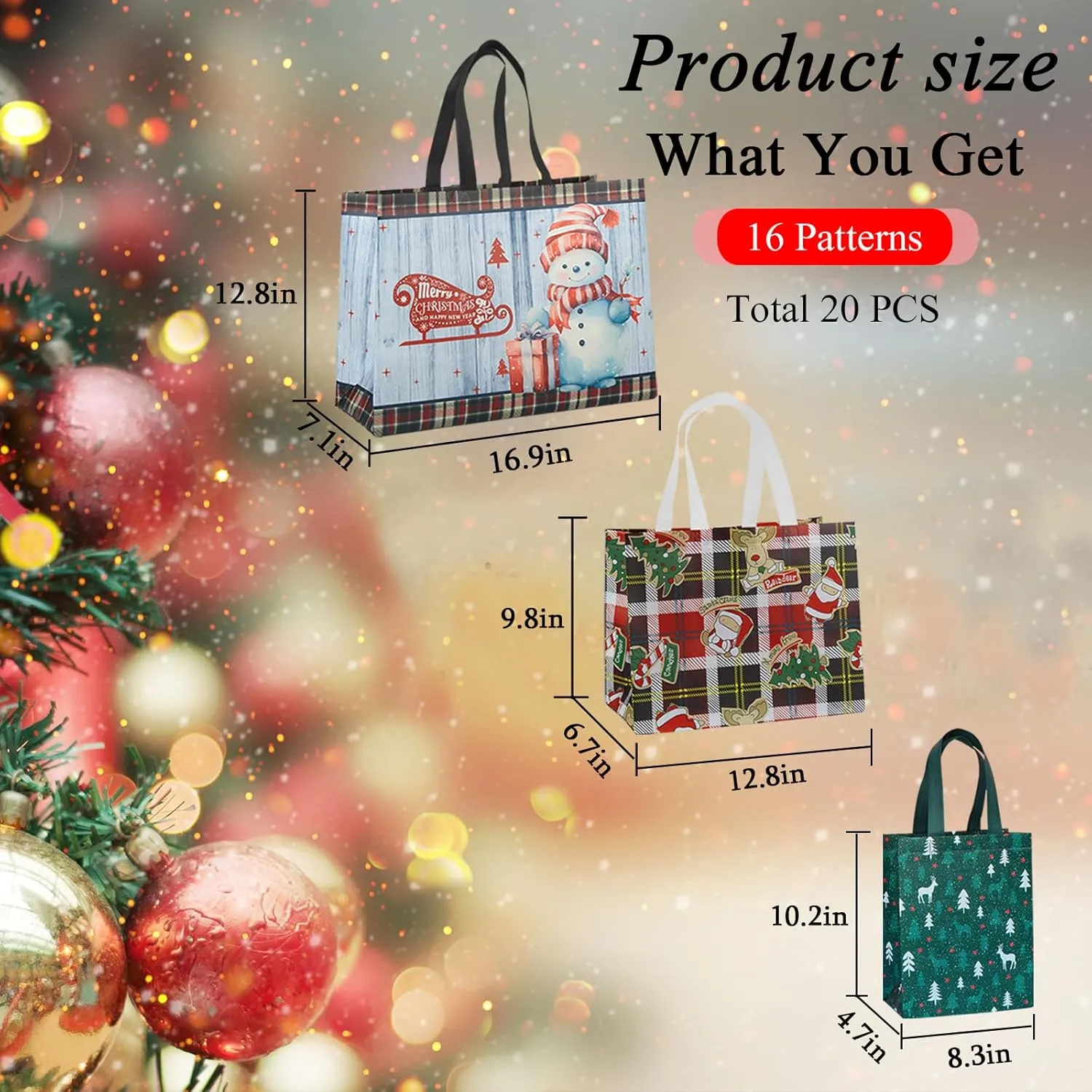 euoloar 20 Pack Christmas Treat Gift Bags, Reusable Tote with Handle, Assorted Sizes Non-Woven for Gift Wrapping, Shopping, Xmas Party Supplies