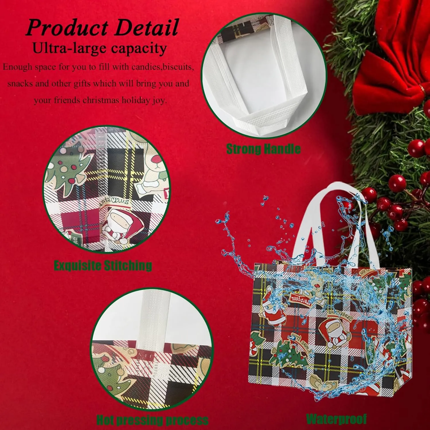 euoloar 20 Pack Christmas Treat Gift Bags, Reusable Tote with Handle, Assorted Sizes Non-Woven for Gift Wrapping, Shopping, Xmas Party Supplies