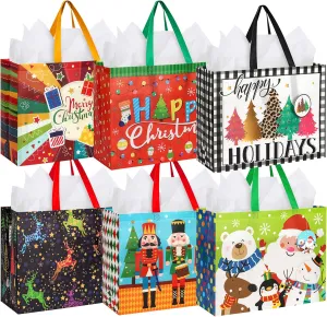 Extra Large Reusable Bulk Christmas Tote Bags- 12Pcs with Handles, Non-Woven Xmas Wrap/Party Favor Supplies with Tissue Paper&Gift Tags