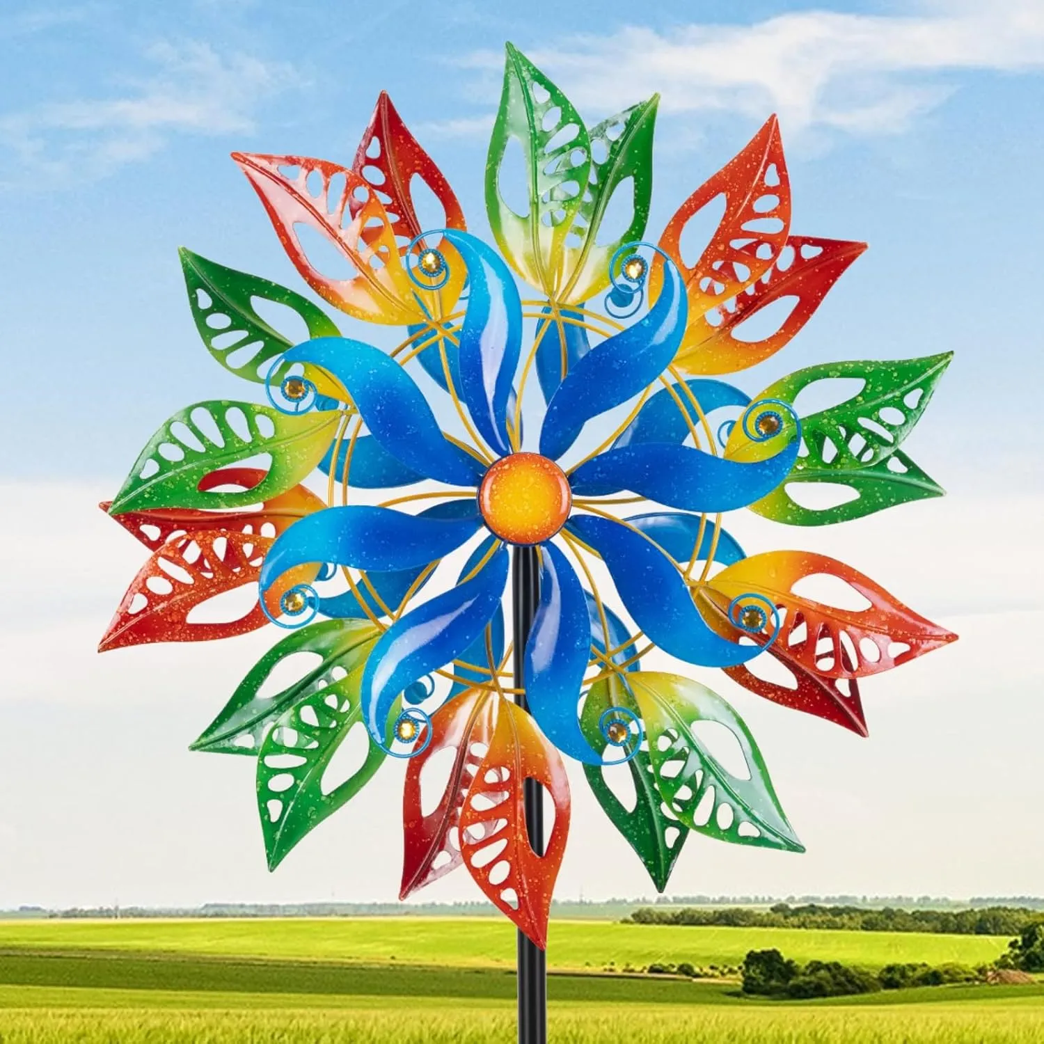 Extra Large Wind Spinners Outdoor, Metal Green Leaf Wind Sculpture Yard Art Decor, Windmill for Yard, Garden, Patio, Lawn and Courtyard 84 * 24 Inches