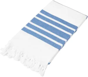 Extra Soft & Luxurious Bath Turkish Beach Towel with Fringe Edges for Boho Look Size:70" x 35" | Pretty Royal Blue/White Striped Pattern Quick Dry Super Absorbent Lightweight Travel Baby Blanket