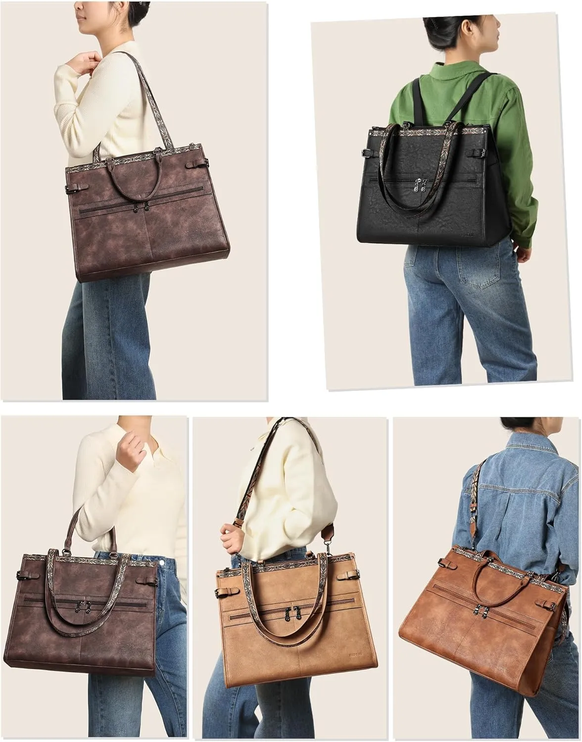 FADEON Laptop Bag for Women Designer PU Leather Large Tote Bags Packpack Purses with 15.6 Laptop Compartment Shoulder Handbag