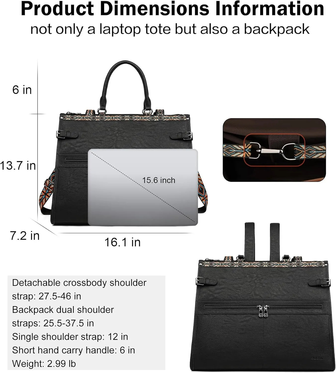 FADEON Laptop Bag for Women Designer PU Leather Large Tote Bags Packpack Purses with 15.6 Laptop Compartment Shoulder Handbag