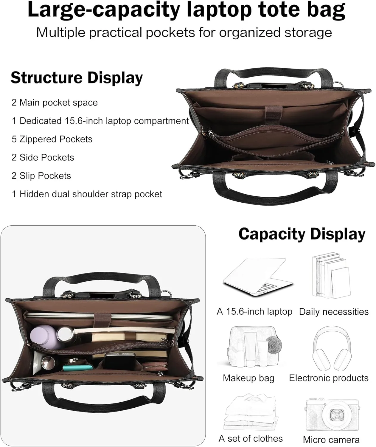 FADEON Laptop Bag for Women Designer PU Leather Large Tote Bags Packpack Purses with 15.6 Laptop Compartment Shoulder Handbag