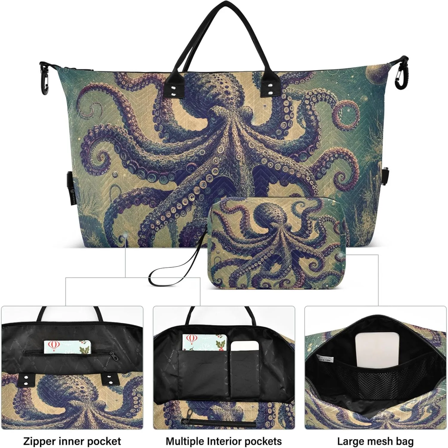Fantasy Painting Octopus Travel Bag Duffel Makeup Bag Set of 2, Prints Small Gym Bag Weekender Bag