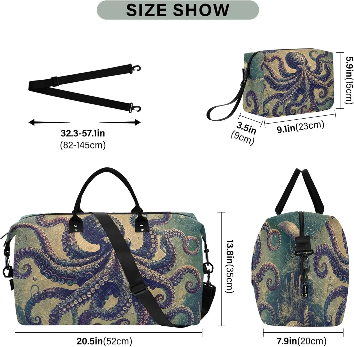 Fantasy Painting Octopus Travel Bag Duffel Makeup Bag Set of 2, Prints Small Gym Bag Weekender Bag