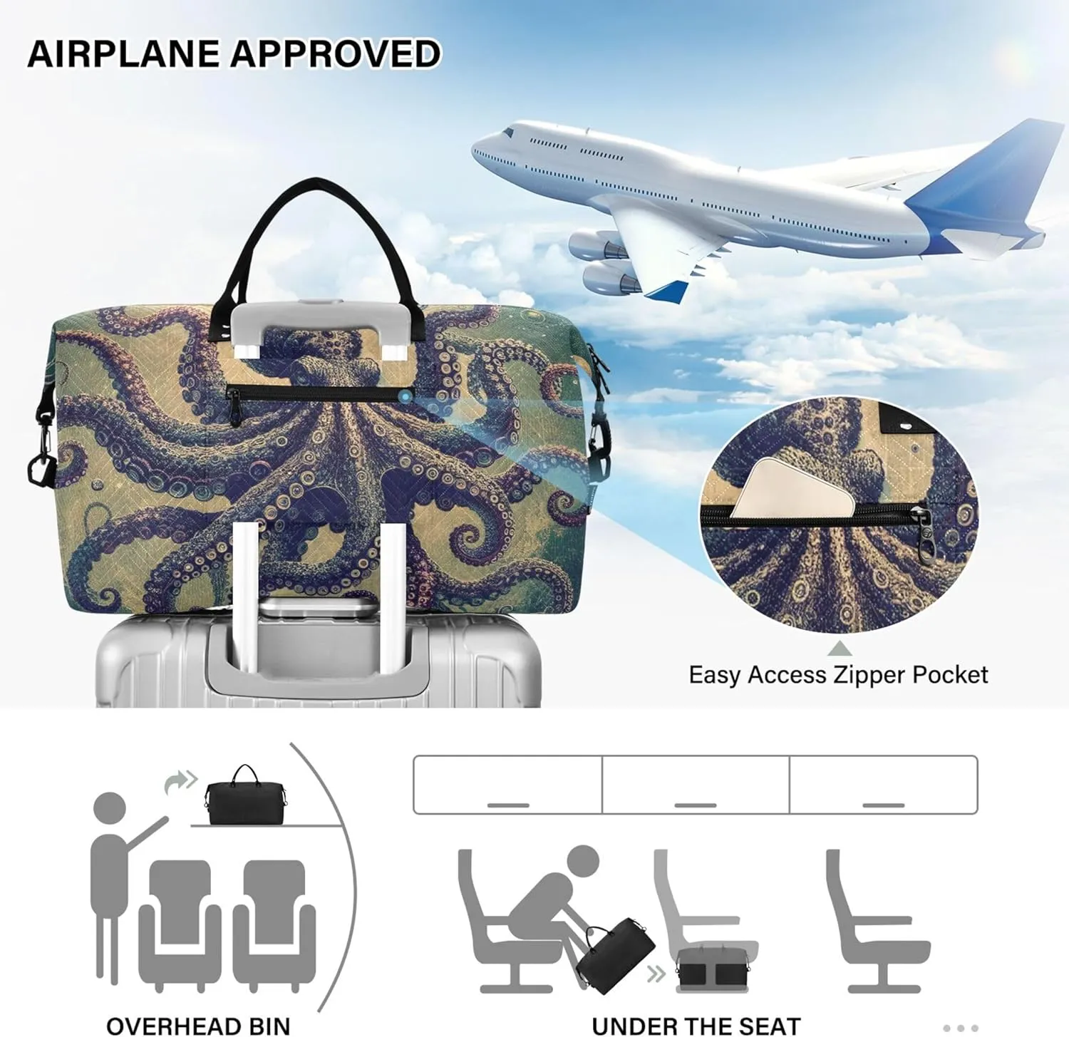 Fantasy Painting Octopus Travel Bag Duffel Makeup Bag Set of 2, Prints Small Gym Bag Weekender Bag
