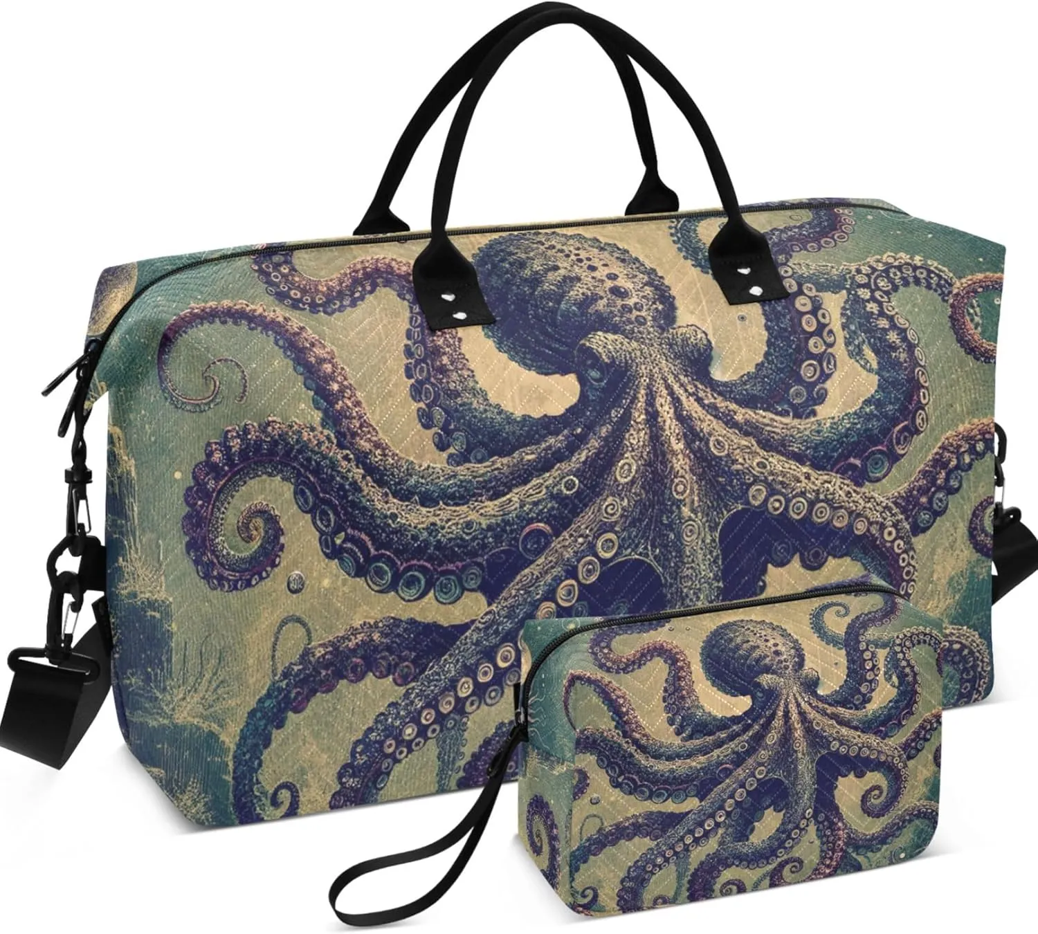 Fantasy Painting Octopus Travel Bag Duffel Makeup Bag Set of 2, Prints Small Gym Bag Weekender Bag