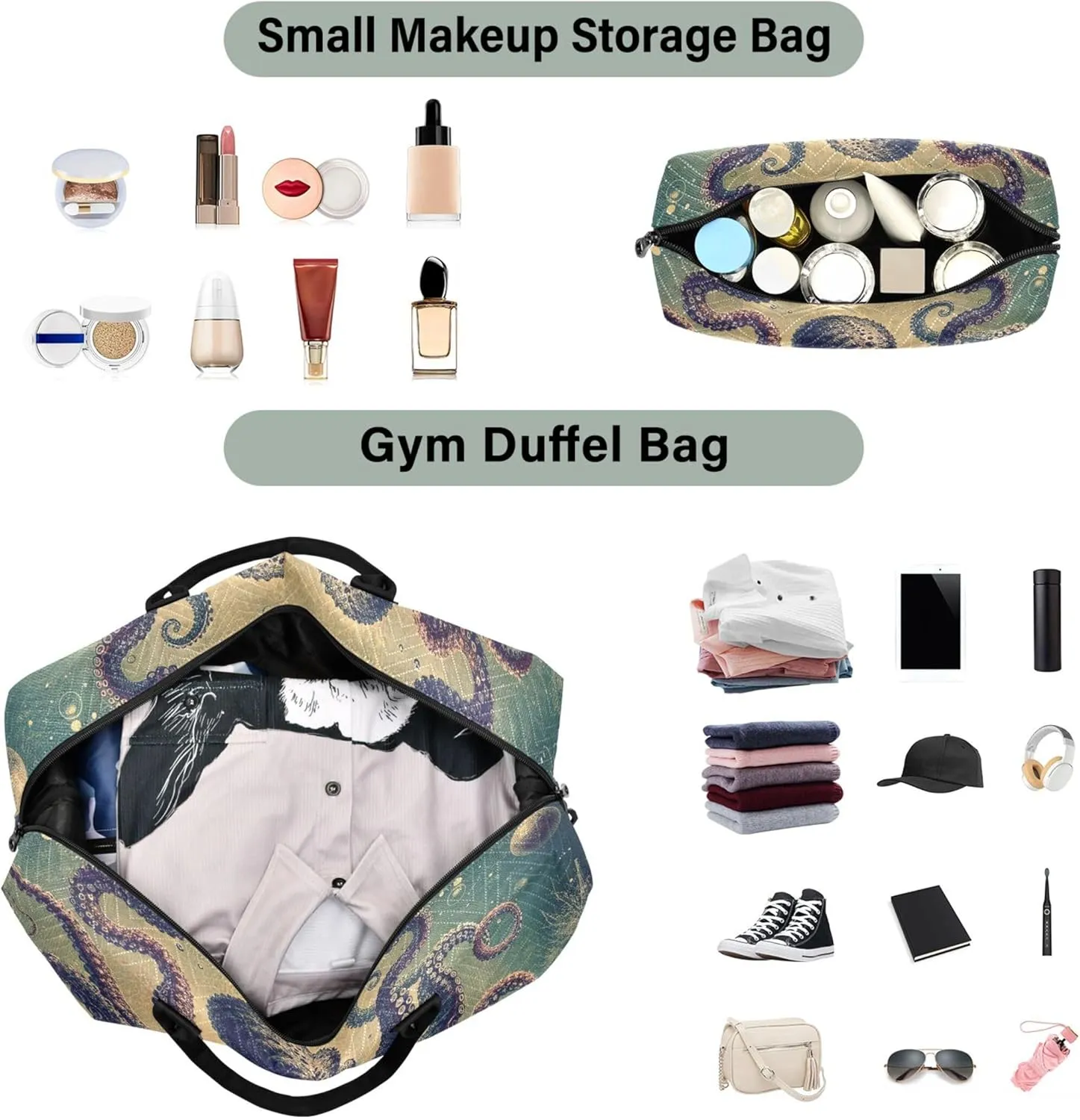 Fantasy Painting Octopus Travel Bag Duffel Makeup Bag Set of 2, Prints Small Gym Bag Weekender Bag
