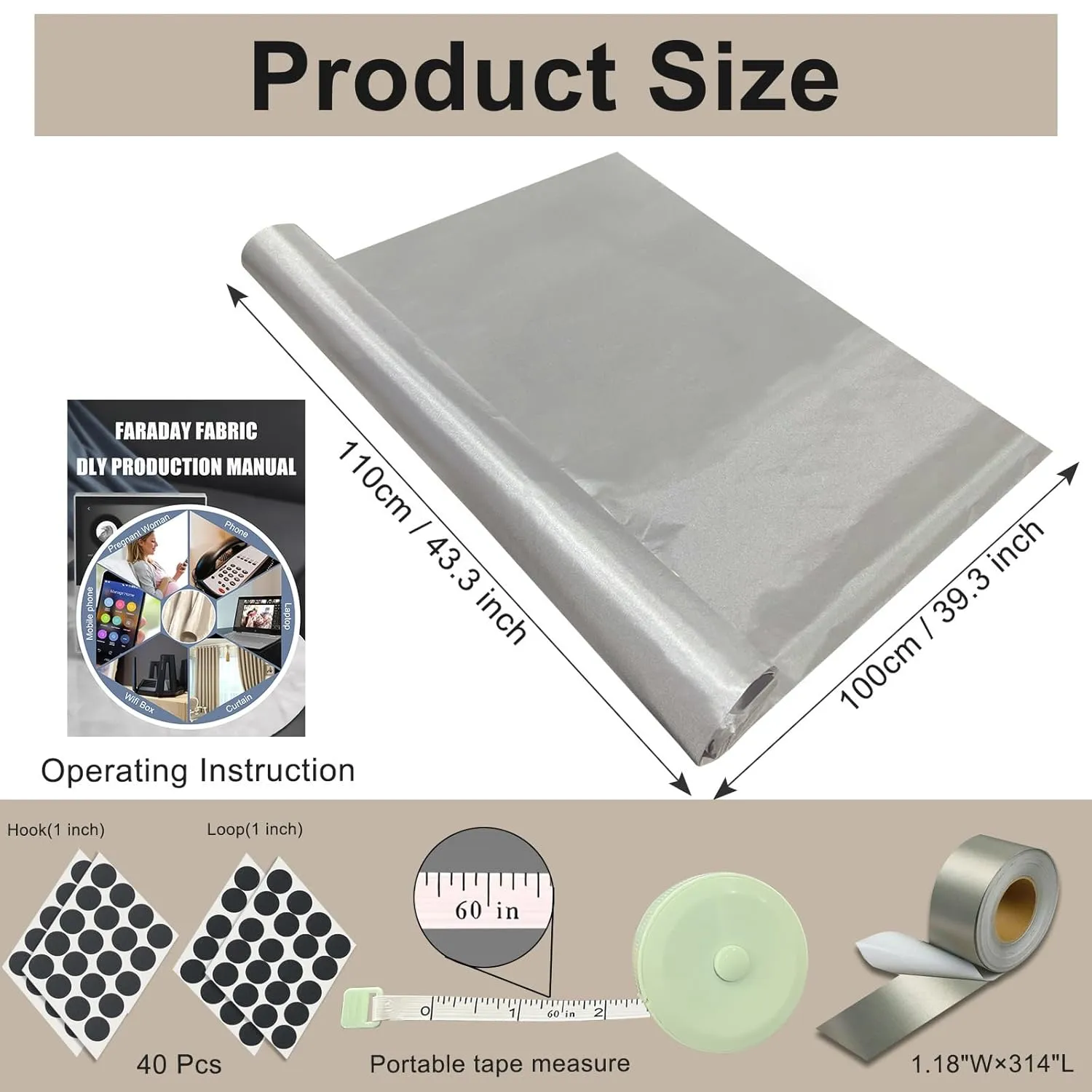 Faraday Fabric 43" W×39" L(Big 1 Yards) 1.18" W×314" L Faraday Tape, Faraday Military Grade Conductive Material