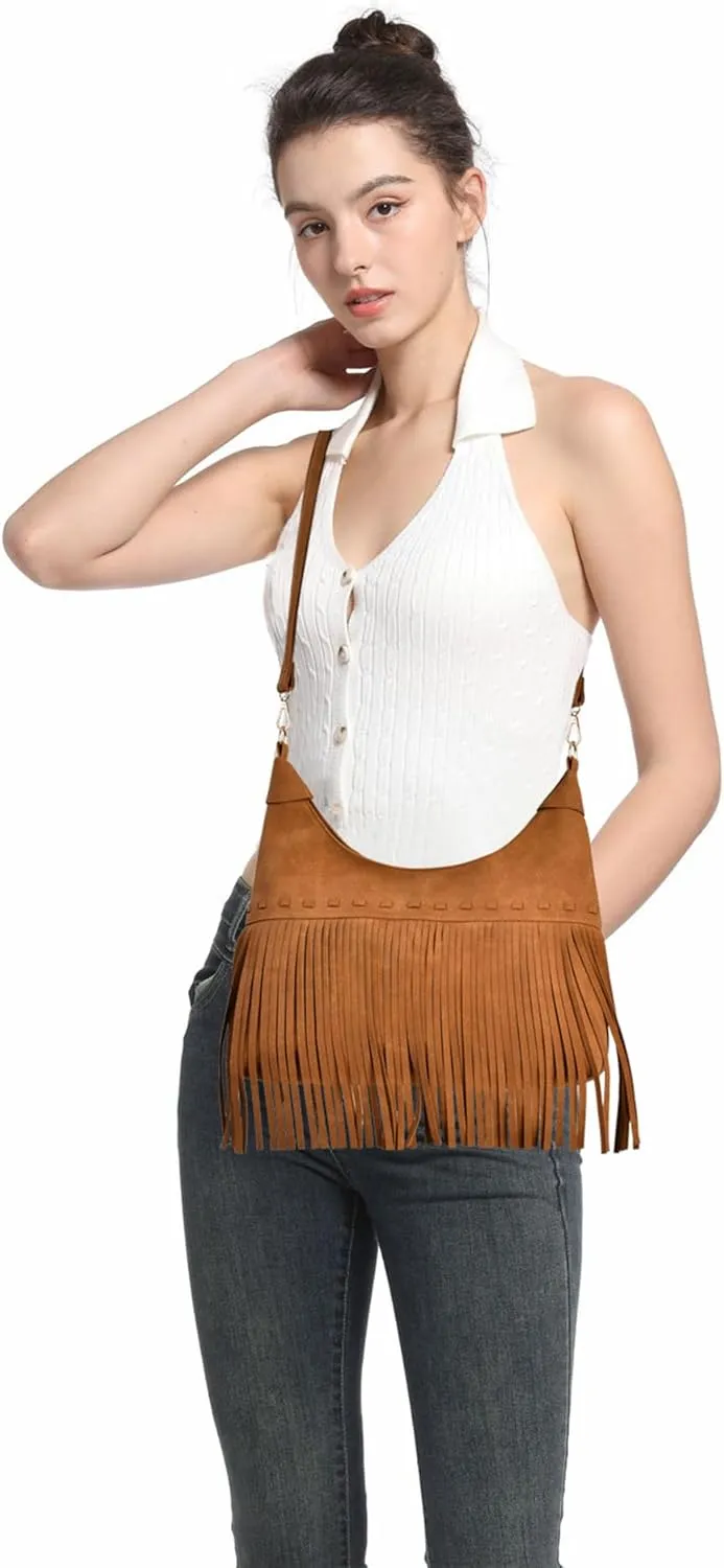 Fashion Fringe Hobo Bag for Women Hippie Western Purse Vegan Suede Crossbody Bags Tassel Shoulder Purses