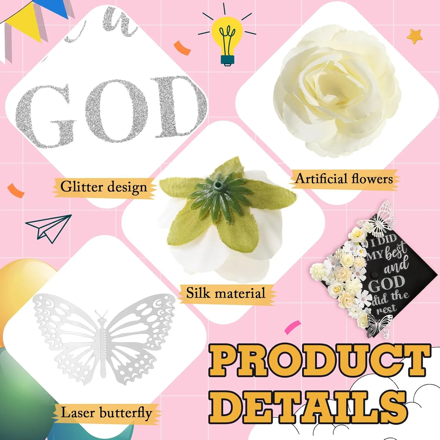Feifeiya 36 Pcs DIY Graduation Cap Decorations Accessory Kit Include Faux Flower Heads Inspirational Graduation Quotes Glitter Stickers 3D Butterfly for Grad Cap Topper DIY Gift(Silver)