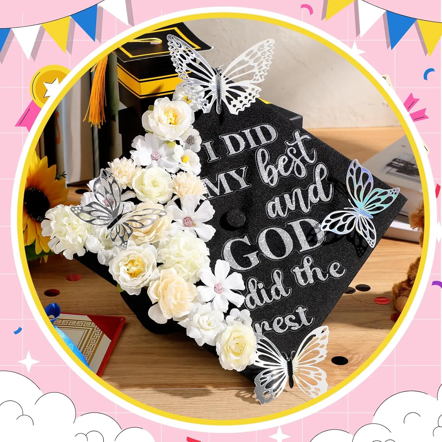 Feifeiya 36 Pcs DIY Graduation Cap Decorations Accessory Kit Include Faux Flower Heads Inspirational Graduation Quotes Glitter Stickers 3D Butterfly for Grad Cap Topper DIY Gift(Silver)