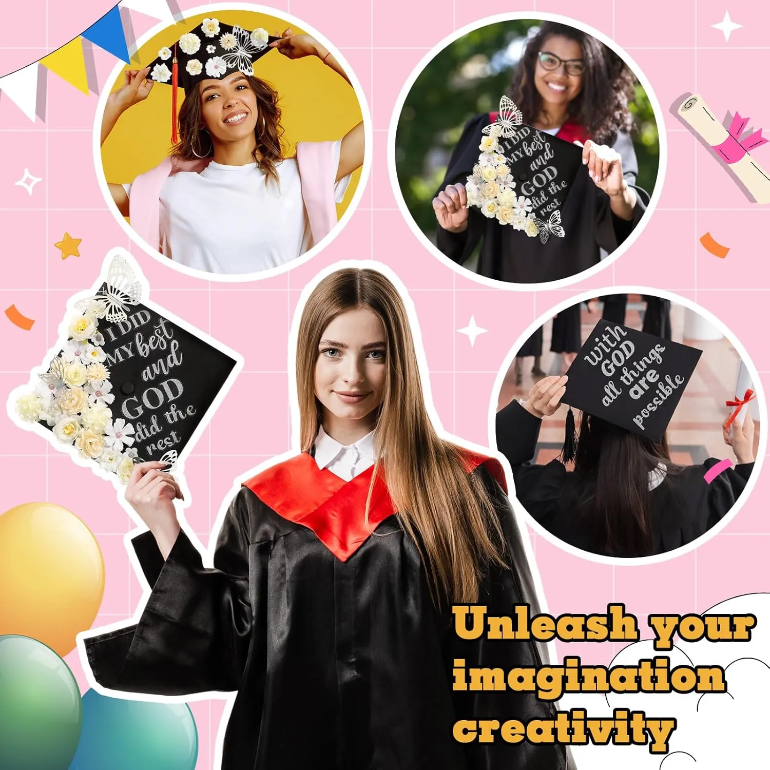 Feifeiya 36 Pcs DIY Graduation Cap Decorations Accessory Kit Include Faux Flower Heads Inspirational Graduation Quotes Glitter Stickers 3D Butterfly for Grad Cap Topper DIY Gift(Silver)