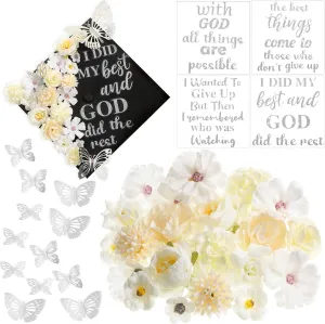 Feifeiya 36 Pcs DIY Graduation Cap Decorations Accessory Kit Include Faux Flower Heads Inspirational Graduation Quotes Glitter Stickers 3D Butterfly for Grad Cap Topper DIY Gift(Silver)