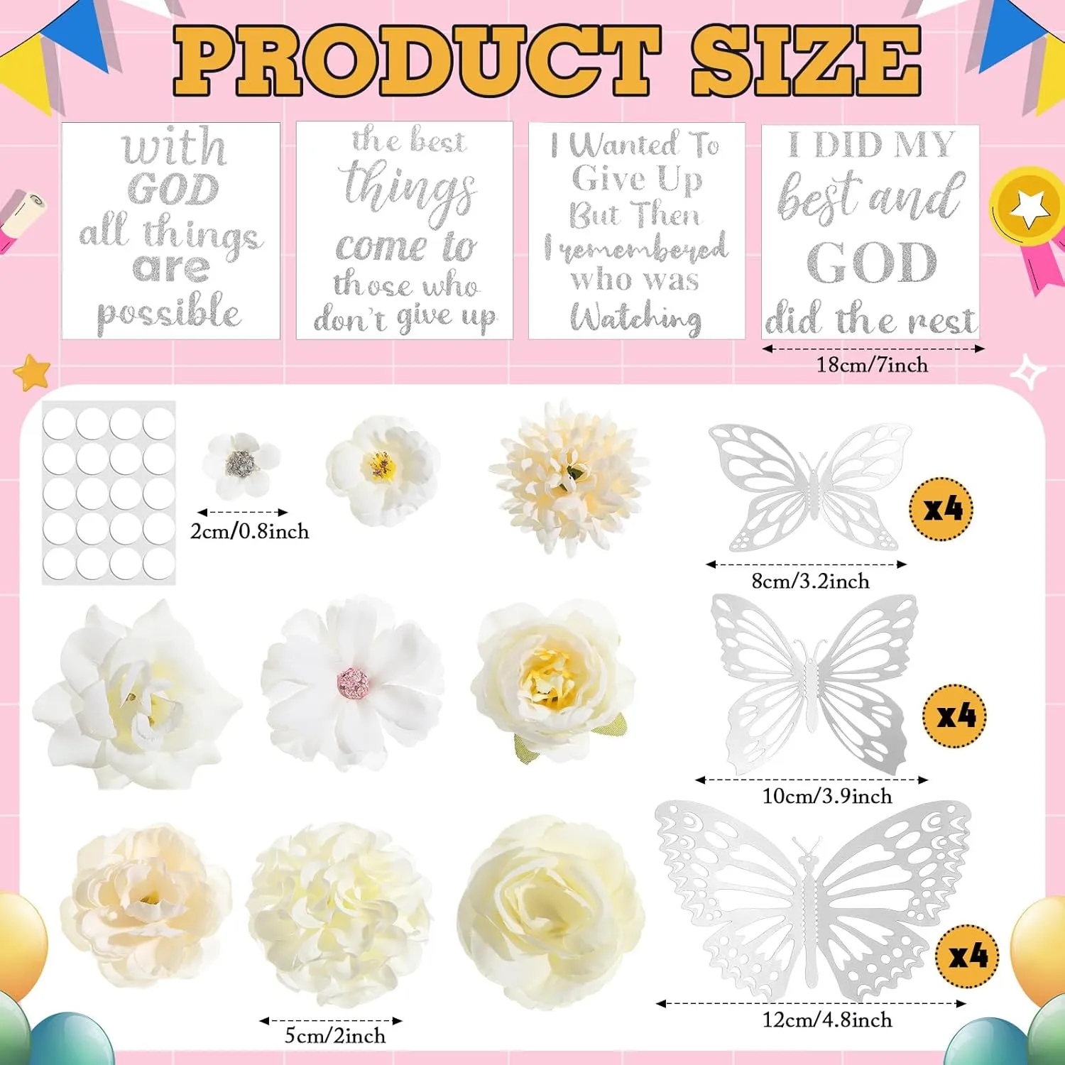 Feifeiya 36 Pcs DIY Graduation Cap Decorations Accessory Kit Include Faux Flower Heads Inspirational Graduation Quotes Glitter Stickers 3D Butterfly for Grad Cap Topper DIY Gift(Silver)