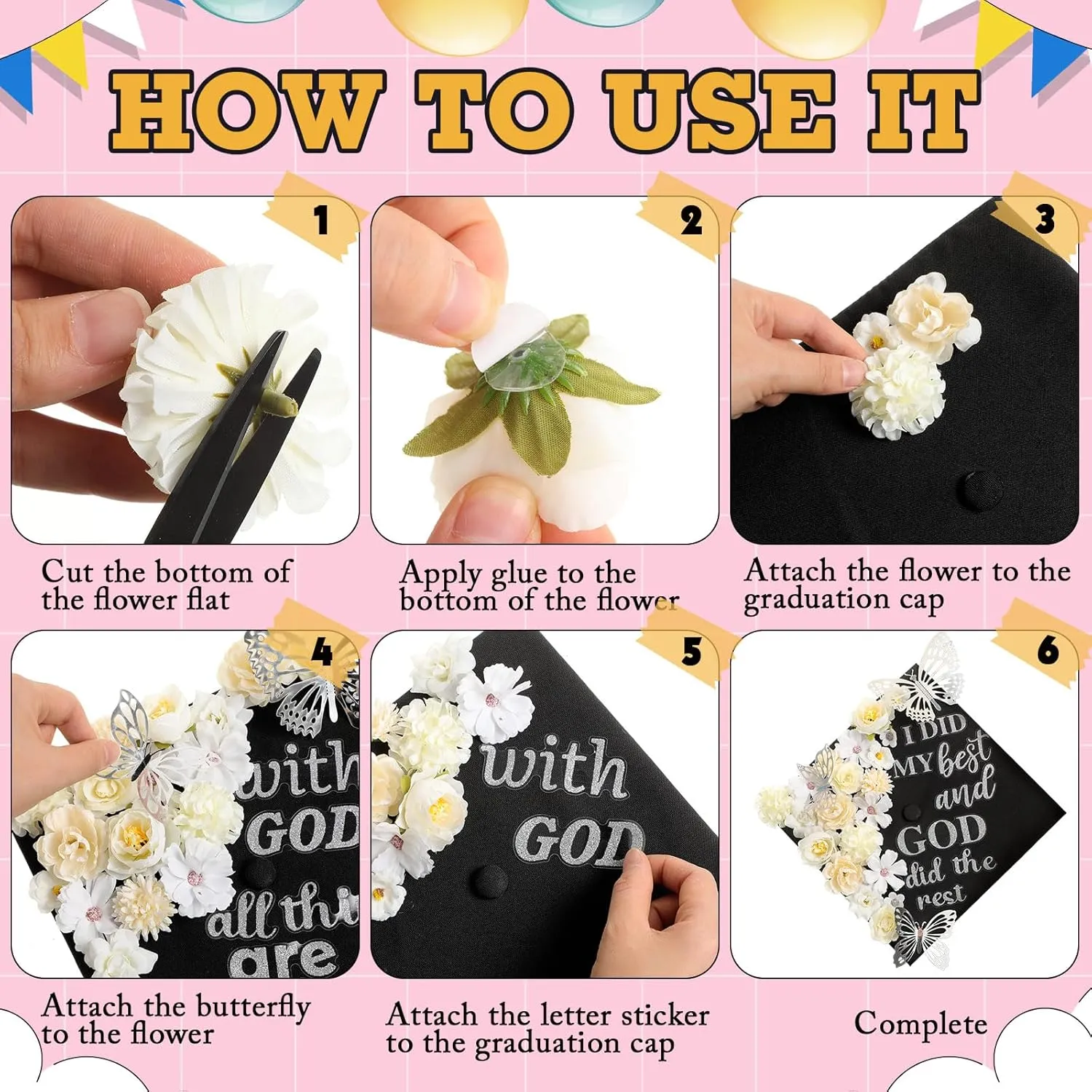 Feifeiya 36 Pcs DIY Graduation Cap Decorations Accessory Kit Include Faux Flower Heads Inspirational Graduation Quotes Glitter Stickers 3D Butterfly for Grad Cap Topper DIY Gift(Silver)