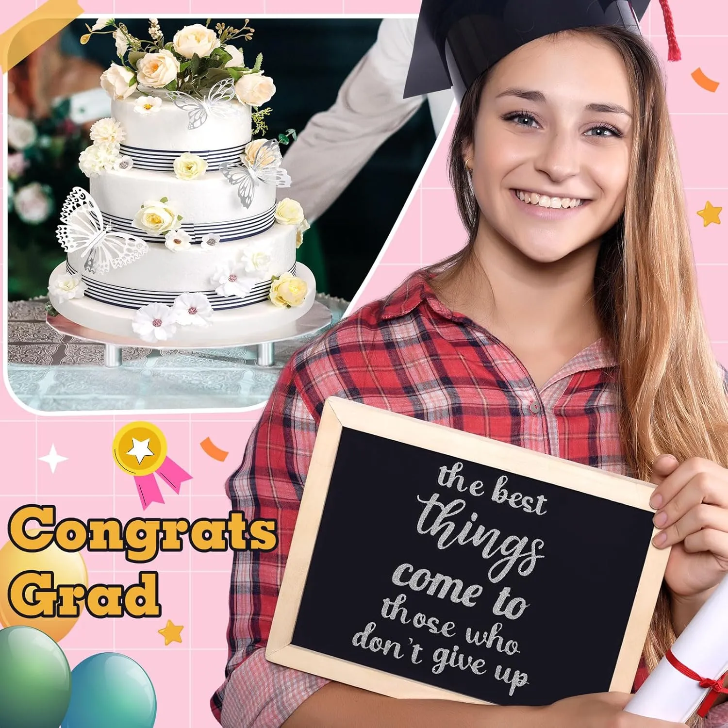 Feifeiya 36 Pcs DIY Graduation Cap Decorations Accessory Kit Include Faux Flower Heads Inspirational Graduation Quotes Glitter Stickers 3D Butterfly for Grad Cap Topper DIY Gift(Silver)