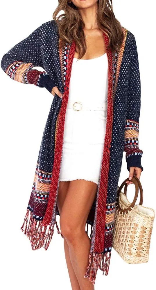 FERBIA Women Boho Cardigan Sweater Long Open Front Maxi Knit Sweaters Aztec Tribal Tassel Fringe Thin Coat