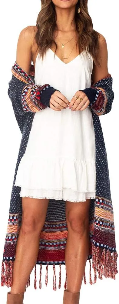 FERBIA Women Boho Cardigan Sweater Long Open Front Maxi Knit Sweaters Aztec Tribal Tassel Fringe Thin Coat