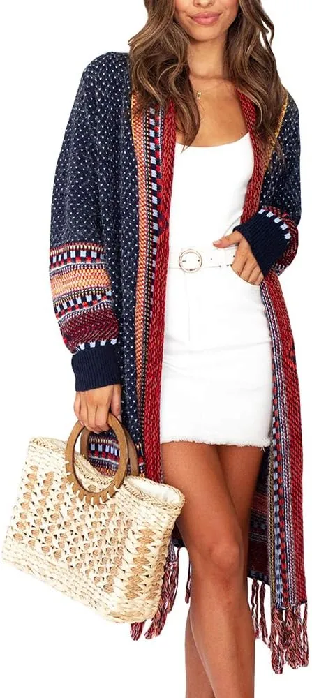 FERBIA Women Boho Cardigan Sweater Long Open Front Maxi Knit Sweaters Aztec Tribal Tassel Fringe Thin Coat