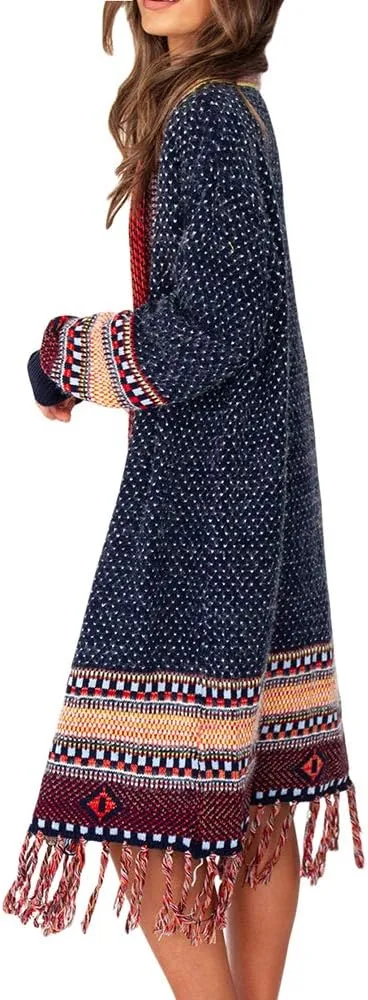 FERBIA Women Boho Cardigan Sweater Long Open Front Maxi Knit Sweaters Aztec Tribal Tassel Fringe Thin Coat