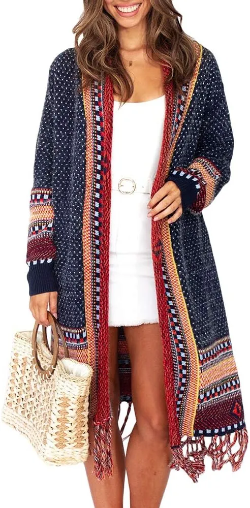 FERBIA Women Boho Cardigan Sweater Long Open Front Maxi Knit Sweaters Aztec Tribal Tassel Fringe Thin Coat