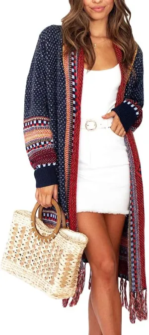 FERBIA Women Boho Cardigan Sweater Long Open Front Maxi Knit Sweaters Aztec Tribal Tassel Fringe Thin Coat