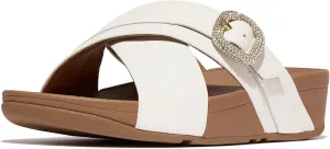 FitFlop Women's Lulu Crystal-Buckle Leather Cross Slides Wedge Sandal