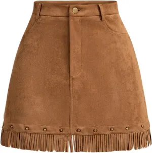 Floerns Women's Suede Rivet High Waisted Skirt Western Fringe Trim Hippie Mini Skirt
