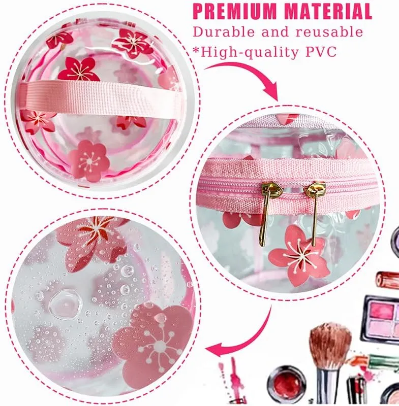 flower pattern PVC transparent cylinder travel cosmetic bag, portable waterproof pouch with handle, suitable for women and girls. (Sunflower)