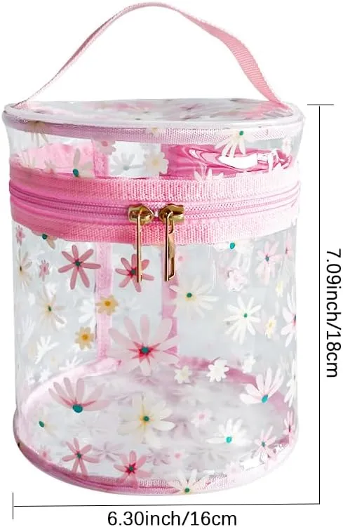 flower pattern PVC transparent cylinder travel cosmetic bag, portable waterproof pouch with handle, suitable for women and girls. (Sunflower)