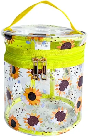flower pattern PVC transparent cylinder travel cosmetic bag, portable waterproof pouch with handle, suitable for women and girls. (Sunflower)