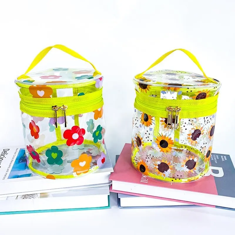 flower pattern PVC transparent cylinder travel cosmetic bag, portable waterproof pouch with handle, suitable for women and girls. (Sunflower)