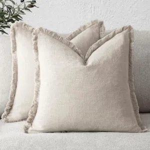 Foindtower Set of 2 Decorative Linen Fringe Throw Pillow Covers Cozy Boho Farmhouse Cushion Cover with Tassels Soft Accent Pillowcase for Couch Chair Sofa Bed Living Room Home Decor,18×18 Inch,Beige