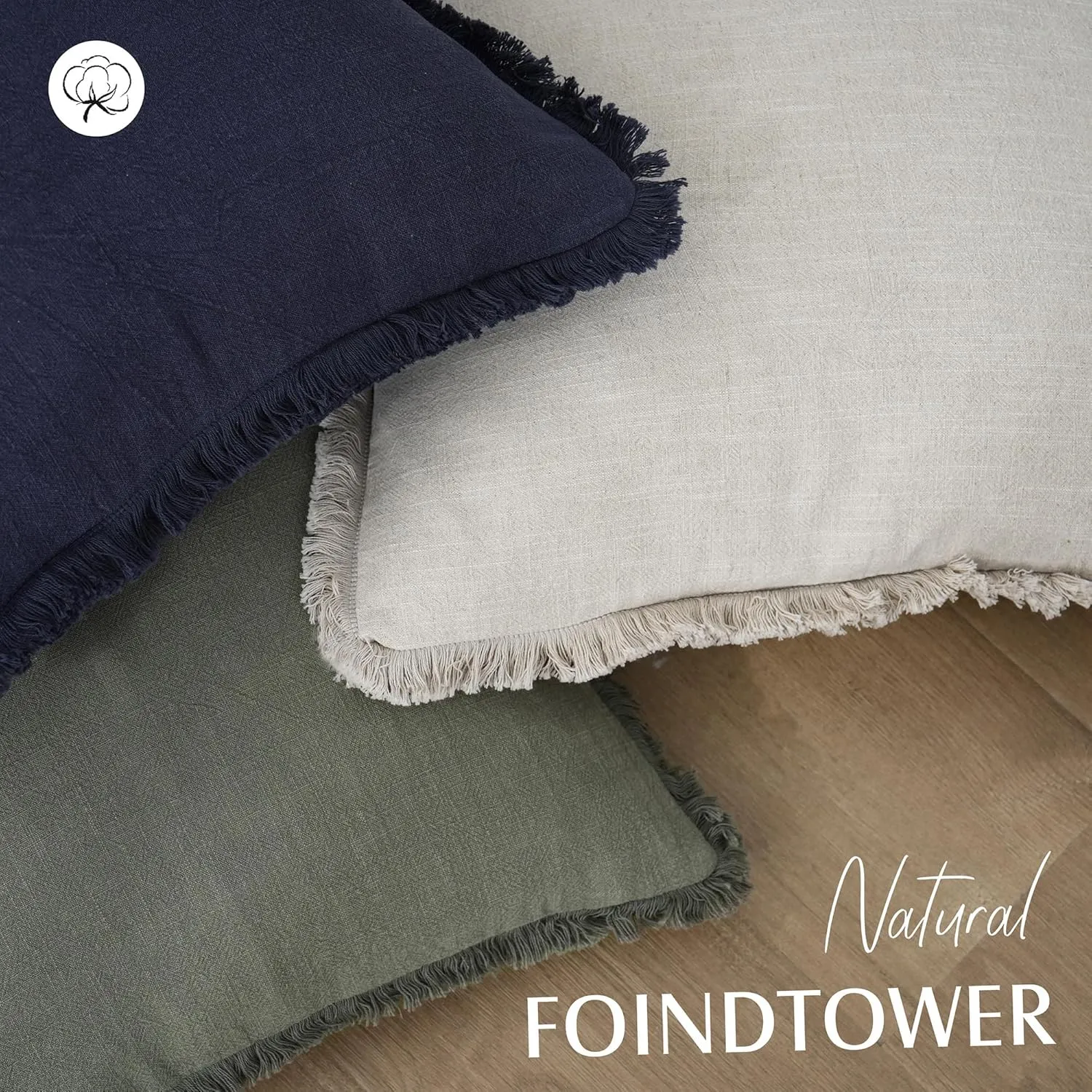 Foindtower Set of 2 Decorative Linen Fringe Throw Pillow Covers Cozy Boho Farmhouse Cushion Cover with Tassels Soft Accent Pillowcase for Couch Chair Sofa Bed Living Room Home Decor,18×18 Inch,Beige