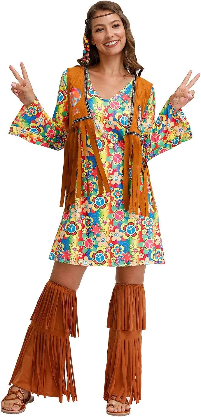 For G and PL Women's Halloween Floral 1960's 1970's Hippie Costume Dress
