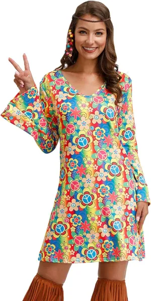 For G and PL Women's Halloween Floral 1960's 1970's Hippie Costume Dress