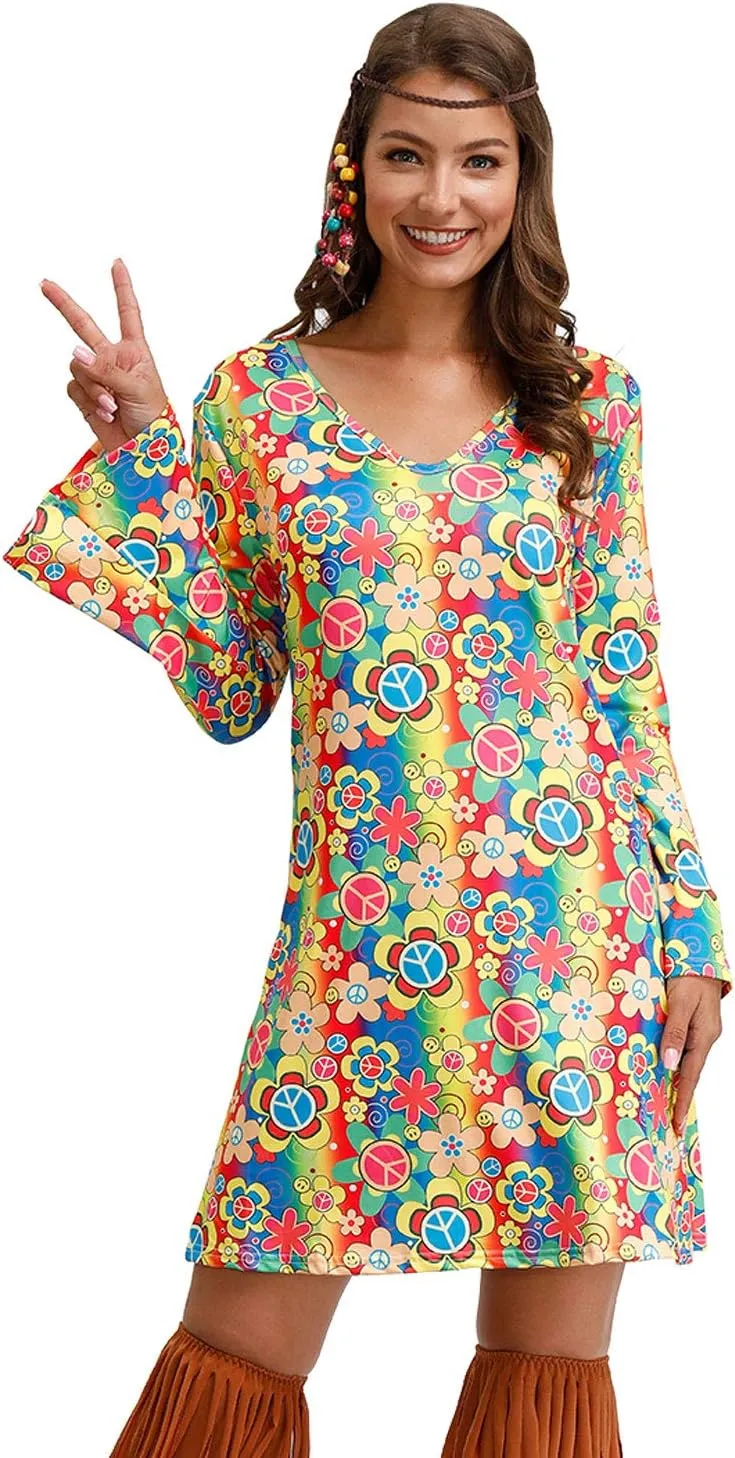 For G and PL Women's Halloween Floral 1960's 1970's Hippie Costume Dress